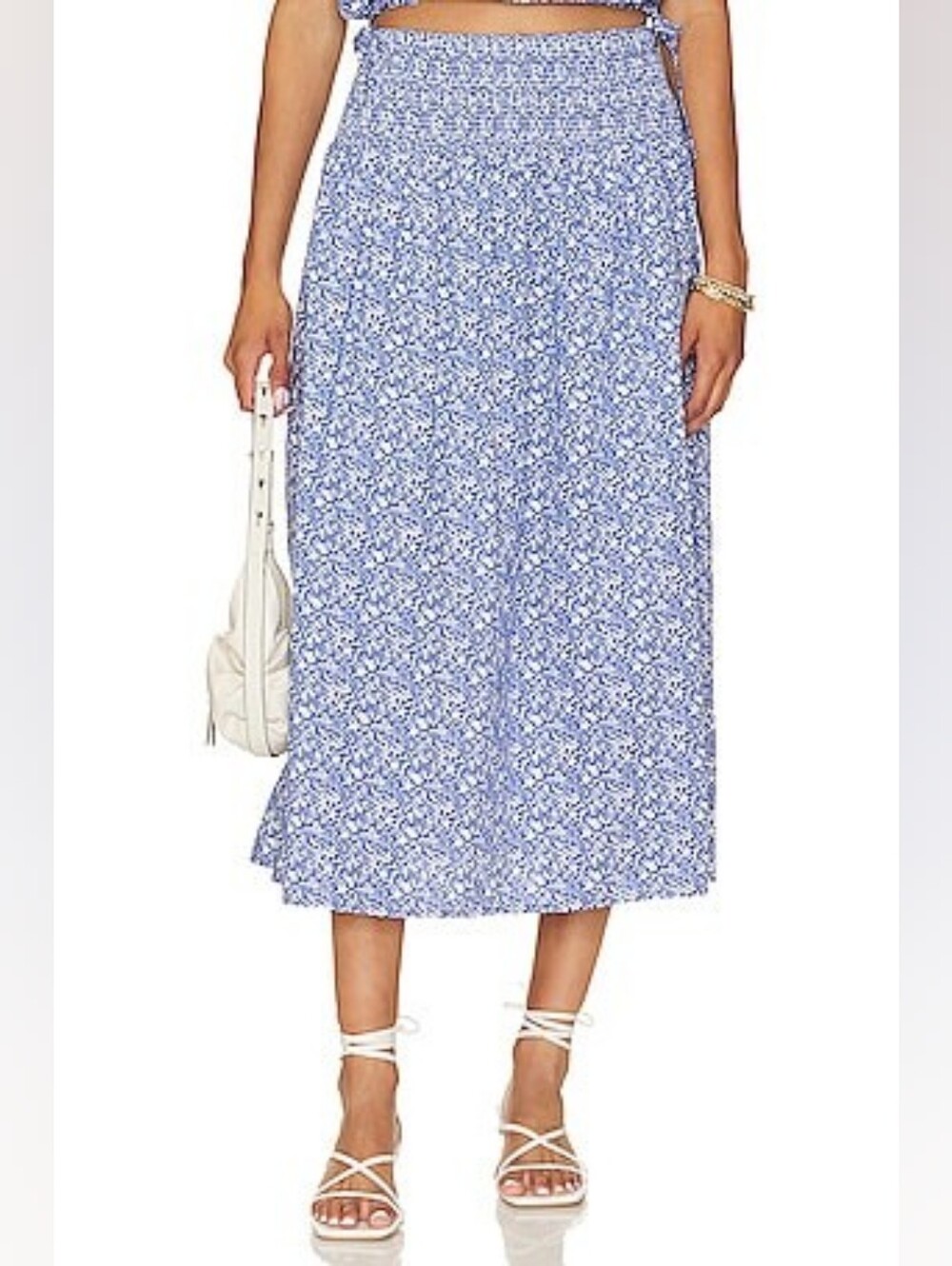 Nation Primrose Blue Floral Smocked-Waist Midi Skirt